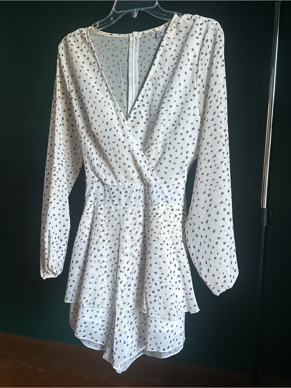 White Printed Long-Sleeve Wrap Romper with Tiered Skirt